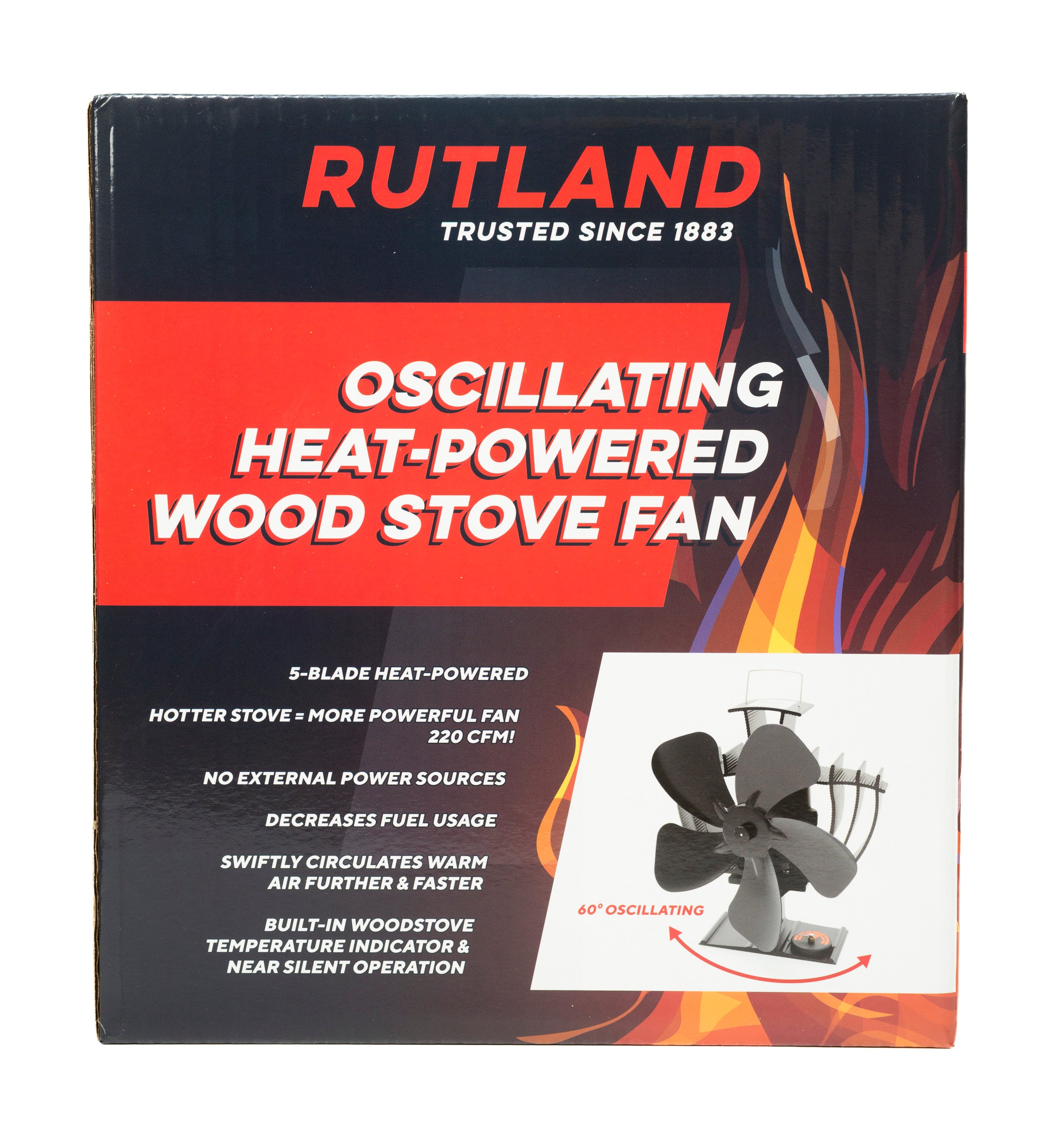 Oscillating Wood Stove Fan, 5-Blade Heat-Powered | RUTLAND
