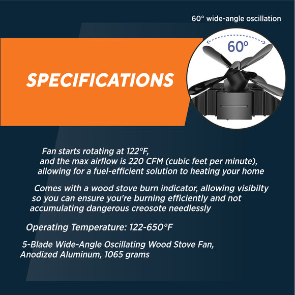 Oscillating Wood Stove Fan, 5-Blade Heat-Powered
